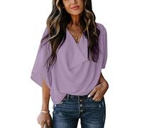 TOMPPY Womens Blouse, Womens Chiffon Blouse Summer Elegant Solid Cowl Neck Shirts Tops Stylish Batwing Sleeve Pullover Shirts Tunic Tops Casual Loose Work Blouses T Shirts For Ladies Girls,Purple,3Xl