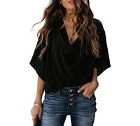 TOMPPY Womens Blouse, Womens Chiffon Blouse Summer Elegant Solid Cowl Neck Shirts Tops Stylish Batwing Sleeve Pullover Shirts Tunic Tops Casual Loose Work Blouses T Shirts For Ladies Girls,Black,Xxl