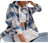 TOMPPY Women'S Boyfriend Shacket Checked Flannel Shirt Jacket Oversized Long Lantern Sleeved Blouse Button Pockets Shirt Tops Check Coat Wool Blend Autumn Spring Winter,Blue,Xl