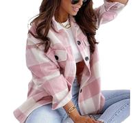 TOMPPY Women'S Boyfriend Shacket Checked Flannel Shirt Jacket Oversized Long Lantern Sleeved Blouse Button Pockets Shirt Tops Check Coat Wool Blend Autumn Spring Winter,Pink,L