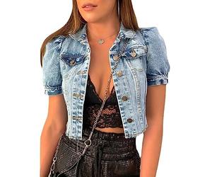 TOMPPY Womens Denim Jackets, Women'S Puff Short Sleeve Denim Jacket Light Blue Vintage Washed Ripped Button Down Cropped Denim Coat Distressed Faded Summer Jean Shrug Jacket Tops For Ladies Girls