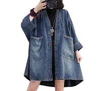 TOMPPY Denim Jackets Women, Women'S Long Denim Jacket Plus Size Vintage Blue Long Sleeve Button Up Shacket Jacket Wash Faded V-Neck Denim Coat Spring Transition Casual Outwear With Pocket,Xxl