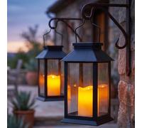 Tomshine 2 Pack Solar Flame Lantern Outdoor Waterproof | Hanging Black Solar Candle Lantern Light with Tempered Glass Shade Rustproof Flickering Flameless Decorative for Patio Garden
