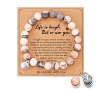 Tomtary Anxiety Bracelet, Natural Stone Crystal Healing Bracelet Elastic Gemstone Beads Bracelets Pink Zebra with Heart Charm and Message Card for Women Christmas Birthday Mothers Day Gifts