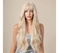 Tomvorks Large Wavy Long Curly Wigs with Bangs, High Heat Resistant Synthetic Hair, Looking Blonde Wig for Women, Elastic Net for Parties, Cosplay, Daily Use