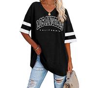 Tomwell Women's Los Angeles T-Shirt with V-Neck Short Sleeve Sports T-Shirt Summer Crew Neck Oversized Tops Loose Tunic Long for Teen Girls, B Black, XXL