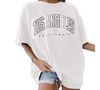 Tomwell Women's Oversized Fashion Loose Crew Neck Short Sleeve Summer Tops Vintage Print Blouse Streetwear Sports Tops Vintage Sweatshirt Teenager Girls Tunic Long Tops - White - L