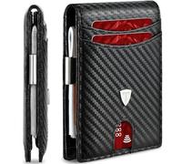 Tomylv Mens Wallets Slim RFID Blocking, Carbon Fiber Wallet with 12 Credit Card Holder, Strong Money Clip & ID Window Minimalist Bi-Fold Wallets for Men UK with Gift Box - Black