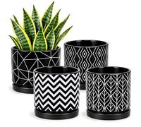 Ton Sin Flower Pots,5.5 Inch Black Ceramic Planter Pot with Drainage Hole,Indoor Cylinder Plant Pots with Saucer,Cactus Succulent Pots Outdoor Garden Pots Set of 4