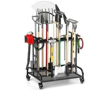 tonchean Garden Tool Tower on Wheels 3 Tier Storage Rack Trolley 360° Rotating Storage Organizer Rolling Tool Holder Stand Shelf for Garage Lawn Shed Workshop