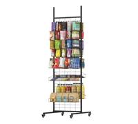 tonchean Heavy Duty Grid Wall Display Stand with 50 Peg Hooks, 4 Storage Shelves, Double Sided Retail Display Rack Floor Standing with Wheels, Black Gridwall Panel for Shop,Market Stall, Craft Fair