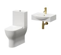 Tondela Wall Hung Basin and Toilet Suite including Round Brushed Brass Bottle Trap and Closed Back Toilet | White | ABS Polished Chrome | 500mm