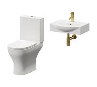Tondela Wall Hung Basin and Toilet Suite including Round Brushed Brass Bottle Trap and Open Back Toilet | White | Ceramic | 500mm