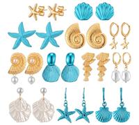 Tondiamo 12 Pairs Seashell Conch Starfish Stud Earring Ocean Themed Drop Dangle Earring for Women Nautical Beach Jewelry Gift, as shown in the picture, Metal, No Gemstone