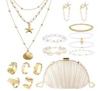 Tondiamo 14 Pcs Seashell Starfish Jewelry Set Boho Summer Beach Mermaid Accessories Layered Charm Necklace Earrings Bracelets Rings Shell Purse for Women Valentines Holiday Gift Vacation Wedding Party
