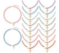 Tondiamo 16 Pcs Cross Necklace Bulk Christian Jesus Beaded Necklace Handmade Cross Elastic Colorful Polymer Clay Bead Religious Pendant Christian Baptism Catholic Jewelry Gifts for Women Teens