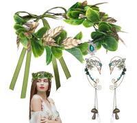 Tondiamo 2 Pcs Halloween Elves Cosplay Set Woodland Fairy Crown Headpiece Fantasy Elf Ears Cuffs Set Vintage Renaissance Costume Accessories Medieval Fairy Jewelry for Halloween Cosplay Forest Wedding