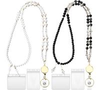 Tondiamo 2 Pcs Lanyards for ID Badges and Keys Retractable Lanyards for ID Badges Holder Stone Beaded Teacher Lanyard for Women with 4 Waterproof Name Card Holder(Black,White)