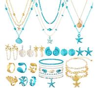 Tondiamo 23 Pcs Seashell Starfish Jewelry Set Boho Summer Beach Mermaid Accessories Layered Charm Necklace Earrings Studs Bracelets Rings for Women Holiday Vacation Wedding Party Gift, One size