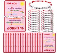 Tondiamo 24 Set Valentine's Day Gift Religious Bracelet Bulk John 3: 16 Bible Verse Bracelets with Blessing Cards Stackable Stretch for Kids Valentine Classroom Exchange Party Favor