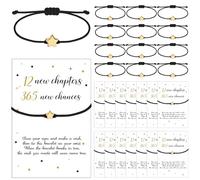 Tondiamo 24 Sets New Year Bracelets Braided Star Adjustable Wax Rope Gifts Bulk 12 New Chapters 365 New-Chances Gold Black Party Favors Woven Bracelets with Wish Card for Family Friends Colleague Gift