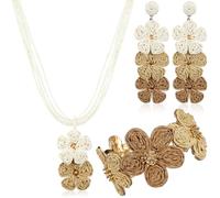 Tondiamo 3 Pcs Boho Raffia Jewelry Set Daisy Flower Necklace, Wide Open Cuff Bracelet, Earrings, Adjustable Bohemian Summer Beach Jewelry for Women, Necklace: 17.3 - 20Inch, raffia, metal, No Gemstone