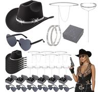 Tondiamo 30 Pcs Cowgirl Costume Accessories for Women, Glitter Cowboy Hats Loop Earrings Necklace Waist Chain Heart Sunglasses for Halloween Cosplay Party