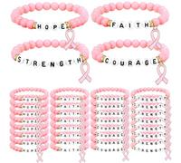 Tondiamo 32 Pcs Pink Ribbon Bracelets Bulk Breast Cancer Awareness Month Acrylic Jewelry Gifts Hope Faith Courage Strength Woman Beaded Strand for Survivor Support Campaign Cancer Patients