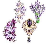 Tondiamo 4 Pcs Vintage Purple Crystal Brooches Lavender Flower Brooch Green Austrian Crystal Leaf Bouquet Teardrop Bouquet Poppy Flower for Woman Gift