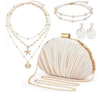 Tondiamo 4 Pcs Women's Seashell Shaped Clutch Purse Set with Seashell Pearl Stud Earrings Pearl Bracelets Starfish Necklace for Women Summer Beach Holiday Party Accessories