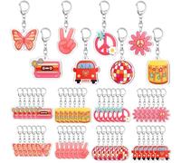Tondiamo 48 Pcs Groovy Party Favors Keychains Bulk Retro Hippie Peace Daisy Boho Keychains for Spring Summer Groovy Party Birthday Gifts Decorations