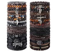 Tondiamo 48 Pcs Punk Wooden Beads Bracelets Gothic Bracelet for Men | Adjustable Bulk Vintage Beaded Bracelet Metal Set Wood Bangles Wristbands Commemorative Gift