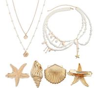 Tondiamo 5 Pcs Mermaid Accessories for Women Seashell Necklace Gold Starfish Waist Chains Shell Starfish Hair Clip Pearl Belly Chain Beach Charm Jewelry for Women Halloween Mermaid Costumes