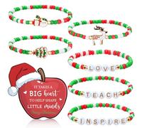 Tondiamo 6 Pack Christmas Teacher Beaded Bracelets with Merry Christmas Card Teacher Appreciation Gifts Teach Love Inspire Stretch Bracelet Jewelry for Xmas Women Birthday Thank You Gifts
