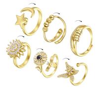 Tondiamo 6 Pcs Fidget Anxiety Rings for Women Gold Adjustable Spinner Ring Rotatable Open Cz Butterfly Sunflower Moon Star Crystal Rings for Anxiety Stress Relief