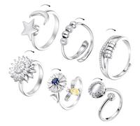 Tondiamo 6 Pcs Fidget Anxiety Rings Women Adjustable Spinner Ring Rotatable Open Cz Crystal Rings for Anxiety Stress Relief (Silver)