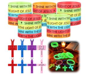 Tondiamo 60 Pcs 30 Sets Glow in the Dark Cross Necklace and Silicone Wristband Bulk, Bible Verse Christian Religious Gifts for Church Sunday School Supplies, 2.01 x 0.98 x 0.12 inches, silicone, rope