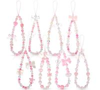 Tondiamo 8 Pcs Cute Phone Charms Pink Beaded Phone Lanyard Aesthetic Y2k Cellphone Wrist Strap Bow Butterfly Heart Star Flower Charm Anti Theft Chain String for Women Bag Keychain Camera Pendant Decor