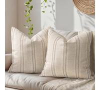 Tone Link. 22x22 Inch Farmhouse Throw Pillow Covers, Set of 2 Textured Pillowcase, Beige with White & Brown Stripe Cushion Cover for Sofa Living Room (Cover ONLY)