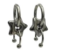 Tone Star Dangle Earrings Pair with Hoop Top, Puffed Pendant Detail, Curved Bead Accent, 3cm Length for Day to Night Outfit Looks Silver Tone Pair with Puffed Five-Point