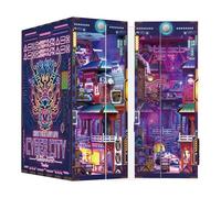 Tonecheer Cyber City Book Nook Kits 3D Wooden Puzzle for Adults, DIY Miniature House with Dust Cover Booknook Model Kits Bookshelf Insert Decor with LED Lights Unique Birthday Gifts