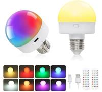 ToneRiso 2 x USB C Rechargeable Light Bulb with Remote Control, 3 W Battery Operated Bulbs, 16 Colours, Dimmable, Outdoor Camping, Emergency Bulb with E26/E27 Removable Lamp Holder