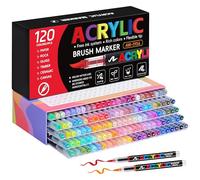Tongfushop 120 Colors Acrylic Paint Pens, Acrylic Brush Markers with Automatic Ink Control System, Water-Based Art Colouring Pens for Rock Painting, Stone, Ceramic, Metal, Paper, Glass, Fabric, Wood
