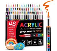 Tongfushop 48 Colors Acrylic Paint Pens, Acrylic Brush Markers with Automatic Ink Control System, Water-Based Art Colouring Pens for Rock Painting, Stone, Ceramic, Metal, Paper, Glass, Fabric, Wood