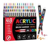 Tongfushop 48 Colors Acrylic Paint Pens, Acrylic Brush Markers with Automatic Ink Control System, Water-Based Art Colouring Pens for Rock Painting, Stone, Ceramic, Metal, Paper, Glass, Fabric, Wood