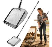 Tongjing 12" Lightweight 2-in-1 Chicken Poop Scooper & Rake, Adjustable Stainless Steel Handle, Sand Sifting Litter Shovel for Chicken Coop & Farm Animal Waste Cleanup