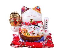 TONGMAN 7" White Ceramic Maneki Neko Lucky Cat Waving Cat, Ornately Decorated Porcelain for Business Opening