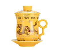 TONGMAN Blue and White Porcelain Tea Cup Infuser 4-Piece Set With Lid and Saucer - 13.5oz Loose Leaf Brewing System for Travel Office - Chinese Dragon Pattern