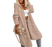 Tongmingyun Apricot Extra Large Women's Extra Long Length Cardigan with Hood, Chunky Knit, Rib, Solid, Skin Friendly, Pull On, Loose, Autumn, Winter, Adult, Women, Casual, Long Sleeve, Cardigan