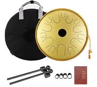 Tongue Drum 14 Inches 14 Notes Copper Steel Handpan Dish Shape Drum with Rope Decoration Mallets Carry Bag Professional Musical Percussion Instrument for Meditation Yoga Zen,Yellow